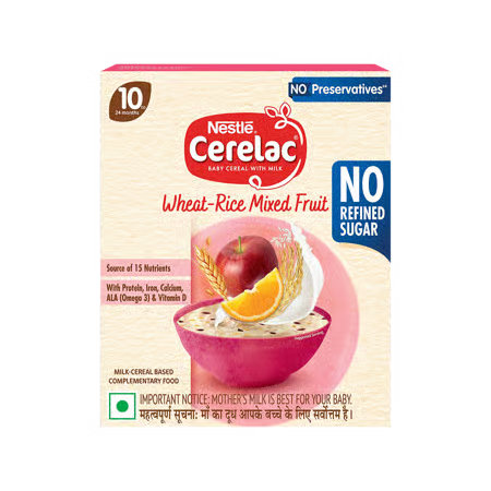 NESTLE CERELAC WHEAT RICE MIXED FRUIT BABY CEREAL (NO REFINED SUGAR, 10 TO 24 MONTHS)